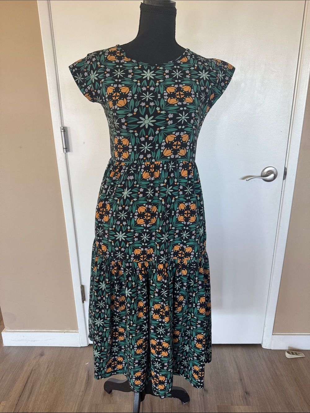 Floral Tiered Maxi Dress in Green & Mustard